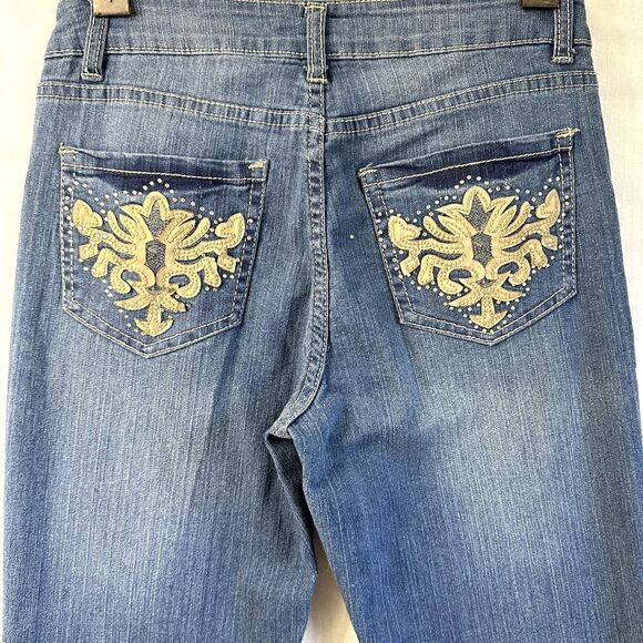 Cache Bootcut Jeans Women’s Blue Denim Stretch Rhinestones Embroidered Sz 2 - Picture 6 of 16